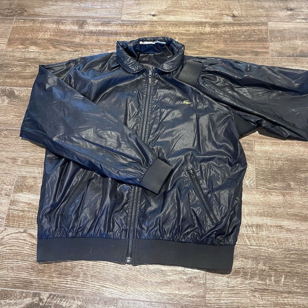 Vintage Lacoste Jacket Men XL Black Hood Nylon Windbreaker Packable Retro
